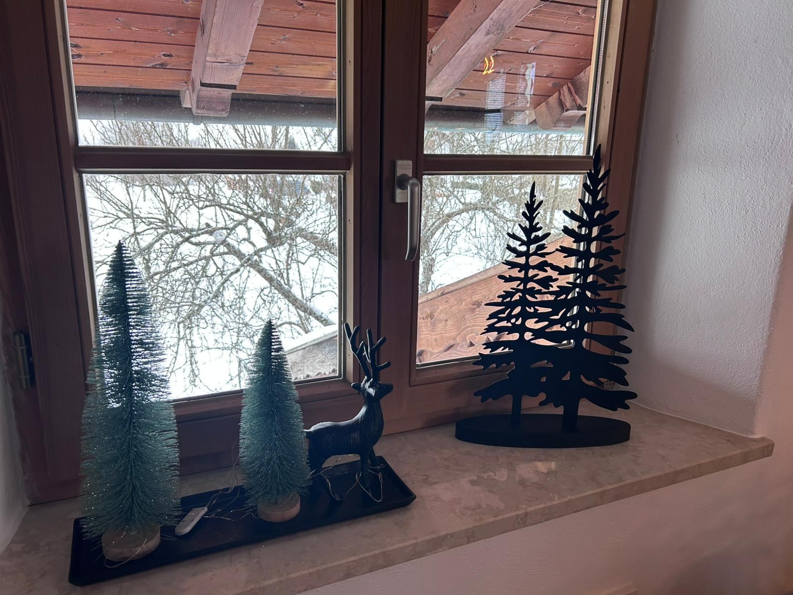 Fensterplatz der Ferienwohnung Bergblick mit Blick auf die verschneite Umgebung